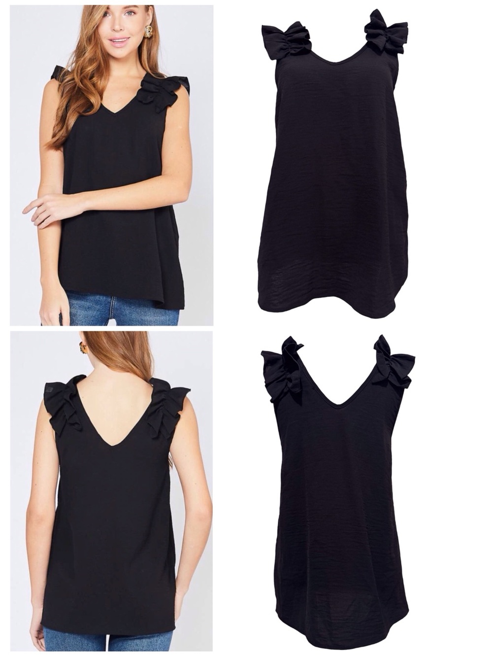 Entro Black Sleeveless V-Neck Top Ruffle Shoulders Flowy Size Small